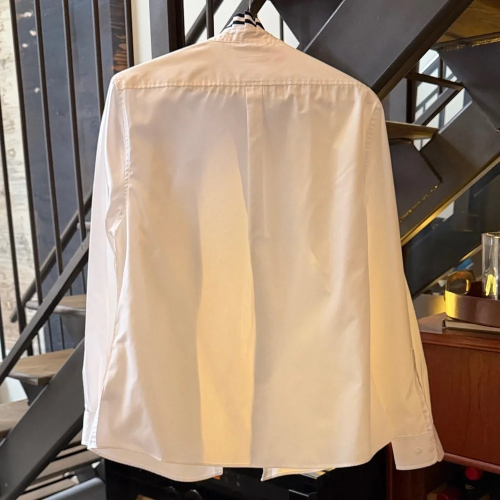 Women's Button-down Ruffle-Collar Blouse with Navy Trim - Picture 5 of 5